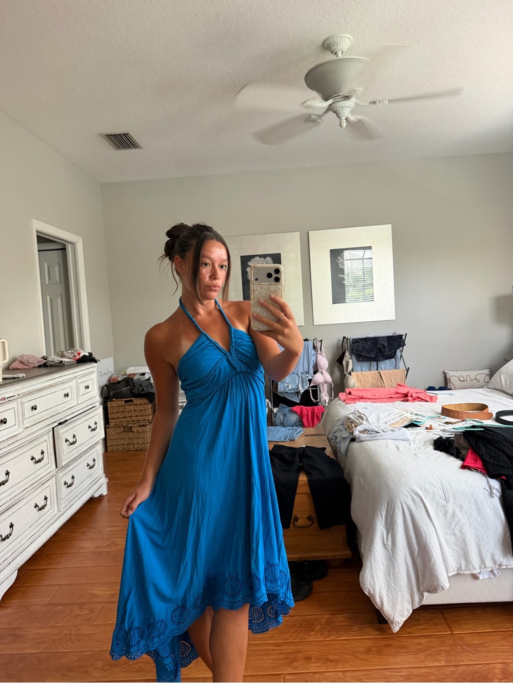 Vintage VENUS Teal-Blue Halter Asymmetrical Midi Dress